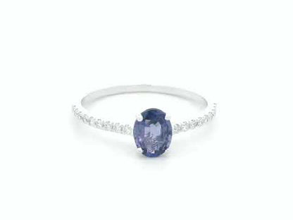 Oval purple sapphire diamond ring in 18K white gold elegant minimal design