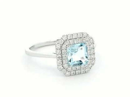 Aquamarine Halo Ring in 18K White Gold | Asscher Cut Aquamarine Ring