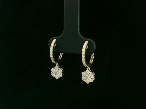 18K yellow gold hoop earrings with pavé-set diamonds and floral diamond drops, total 0.91 carat