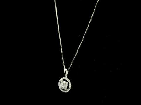 18K white gold diamond pendant featuring round and baguette natural diamonds in an emerald-cut inspired illusion cluster with a sparkling round diamond halo. Chain not included.