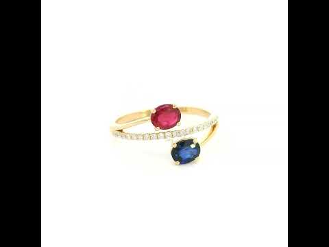 18K Yellow Gold Ruby and Blue Sapphire Toi et Moi Ring with Natural Diamond Band