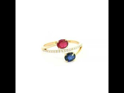 18K Yellow Gold Ruby and Blue Sapphire Toi et Moi Ring with Natural Diamond Band