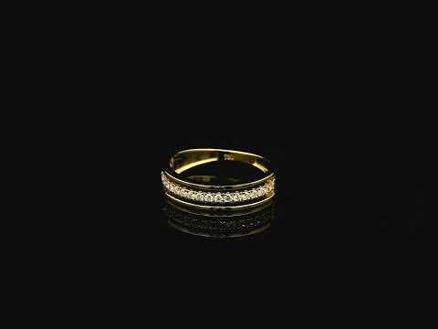 Diamond triple row band ring in 18K yellow gold with 0.25 carat natural diamonds and contemporary layered openwork design.