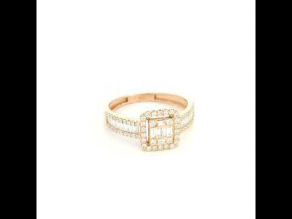 18K rose gold statement ring featuring baguette and round diamonds in a rectangular geometric design