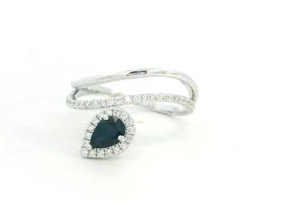 Pear Blue Sapphire & Diamond Double Band Ring in 18K White Gold