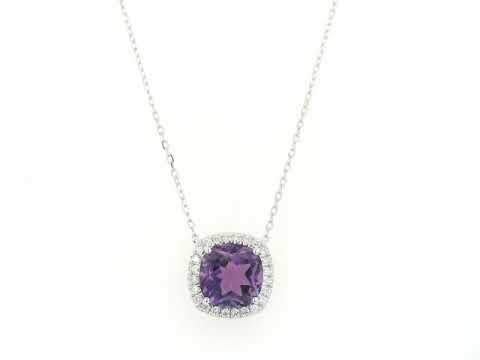 Cushion cut amethyst and diamond halo necklace in 18K white gold by Emirates Diamonds