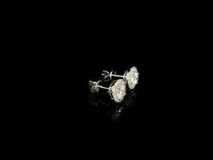 GIA certified round diamond halo stud earrings in 18K white gold with D colour natural centre diamonds