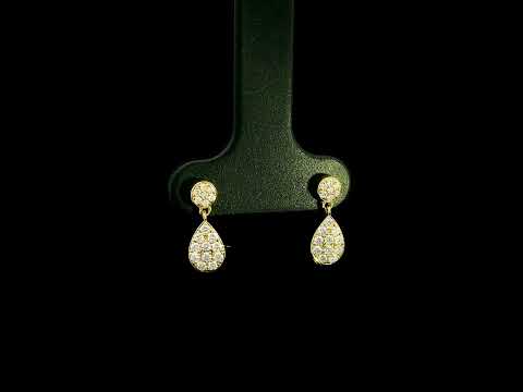 Diamond drop earrings with pear shaped teardrop design in 18K yellow gold