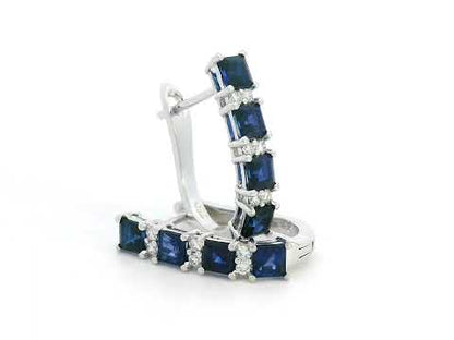 18K Gold Sapphire and Diamond Hoop Earrings - 1.62 CT Square-Cut Blue Sapphire and 0.15 CT Diamonds