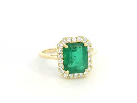 18K yellow gold emerald ring – 2.70ct emerald-cut emerald with 0.34ct diamond halo by Emirates Diamonds