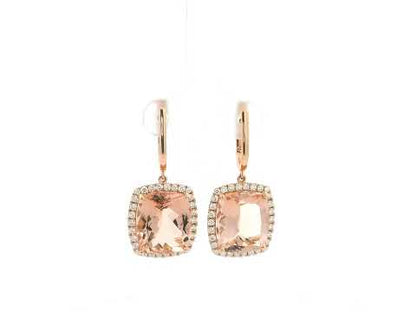 16.68 carat cushion morganite and 0.79 carat diamond halo drop earrings in 18K rose gold by Emirates Diamonds