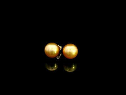 South Sea golden pearl stud earrings in 18K yellow gold with luminous round golden pearls