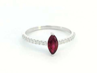 18K White Gold Marquise Ruby Ring with Diamond-Adorned Band – 0.56ct Ruby