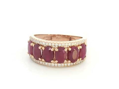 Ruby and diamond three-row ring in 18K rose gold

