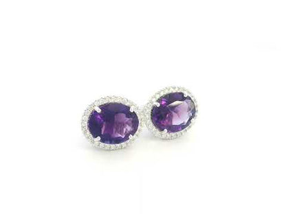 Amethyst & Diamond Halo Stud Earrings in 18K White Gold