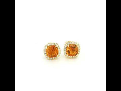Citrine and diamond halo stud earrings in 18K yellow gold with cushion-cut citrine gemstones