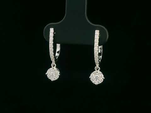 18K white gold diamond hoop earrings with round cluster drop, featuring 0.40 carat round-cut diamonds
