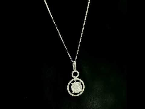 Diamond circle pendant in 18K white gold featuring a suspended diamond cluster with open circular diamond details.