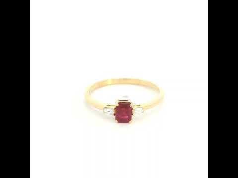 Emerald Cut Ruby Ring in 18K Yellow Gold with Baguette Diamond Side Stones