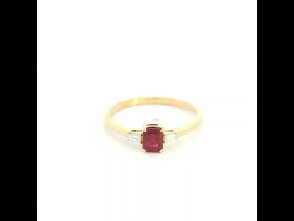 Emerald Cut Ruby Ring in 18K Yellow Gold with Baguette Diamond Side Stones
