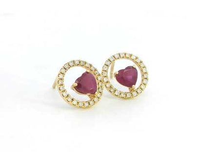 18K Gold Heart Ruby Earrings with Open Diamond Circle – Elegant Stud Earrings for Women