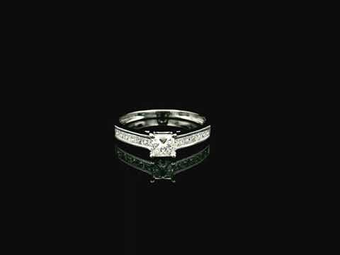 Princess cut diamond engagement ring in 18K white gold with channel set diamonds