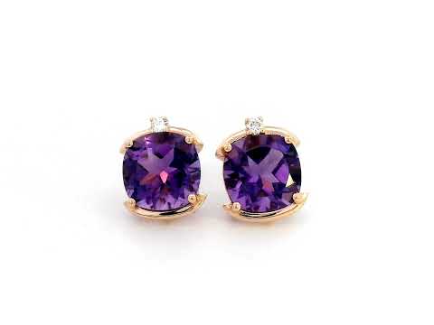 18K gold cushion-cut amethyst stud earrings featuring vibrant 3.99-carat amethysts with diamond accents totaling 0.05 carat.