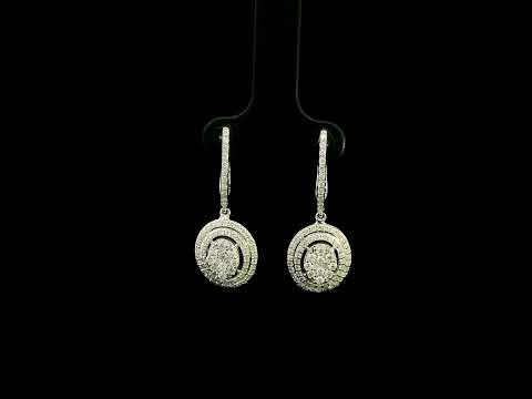 Oval diamond drop earrings in 18K white gold with multi-row diamond design