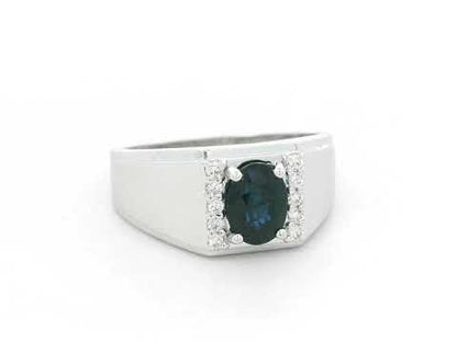 18K white gold men’s ring with 1.20 carat blue sapphire and diamond accents by Emirates Diamonds