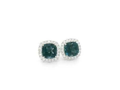 London Blue Topaz halo stud earrings in 18K white gold with natural diamond halo surround