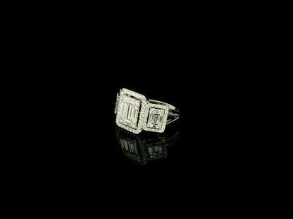 Round and baguette diamond statement ring in 18K white gold with 1.34 carats of natural diamonds