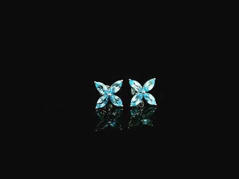 Blue topaz floral stud earrings in 18K white gold with marquise cut stones