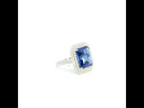 18K white gold tanzanite and diamond double halo statement ring with rectangular blue-violet tanzanite and diamond-set band