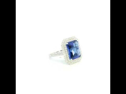 18K white gold tanzanite and diamond double halo statement ring with rectangular blue-violet tanzanite and diamond-set band