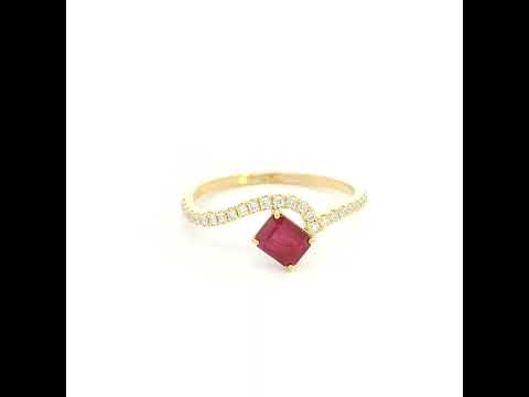18K yellow gold ruby and diamond ring with angled square red ruby and curved diamond-set band