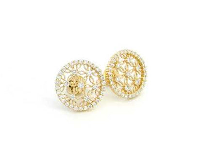 18K yellow gold filigree stud earrings featuring an intricate vintage-inspired openwork floral design, adorned with 0.69 carats of round diamonds and a delicate diamond halo, secured with push-back closures.