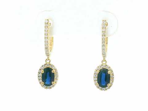 Elegant 18K gold drop earrings with 0.98ct oval blue sapphires and 0.26ct diamond halo and hoop design