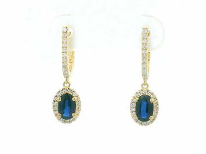 Elegant 18K gold drop earrings with 0.98ct oval blue sapphires and 0.26ct diamond halo and hoop design