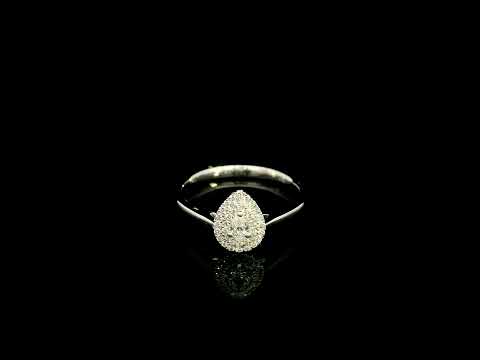 Pear shaped diamond halo ring in 18K white gold with round diamond halo