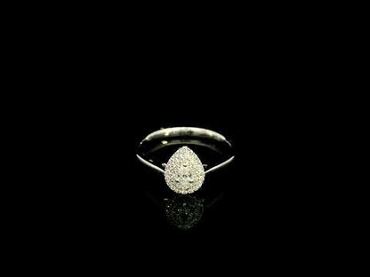 Pear shaped diamond halo ring in 18K white gold with round diamond halo