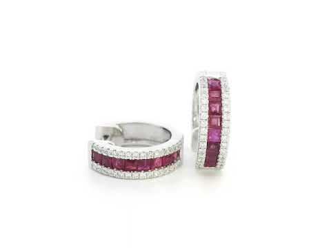 18K white gold ruby and diamond hoop earrings with square-cut rubies