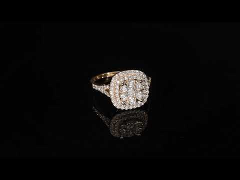 18K yellow gold diamond cluster halo engagement ring with double diamond halo and split shank