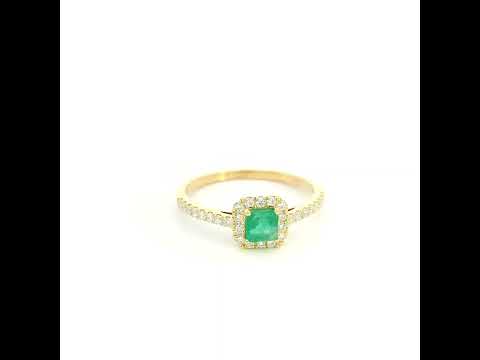 18K yellow gold emerald and diamond halo ring with square green emerald, diamond surround and diamond-set band