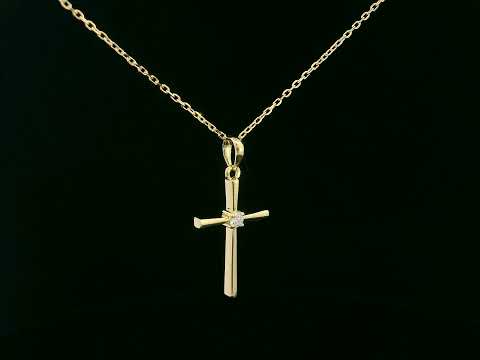 18K yellow gold cross pendant with 0.05 carat center diamond, minimalist design, chain not included