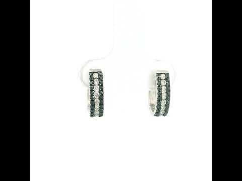Black and white diamond hoop earrings in 18K white gold with three rows of round diamonds