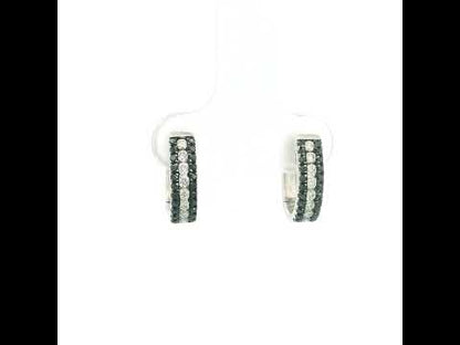Black and white diamond hoop earrings in 18K white gold with three rows of round diamonds
