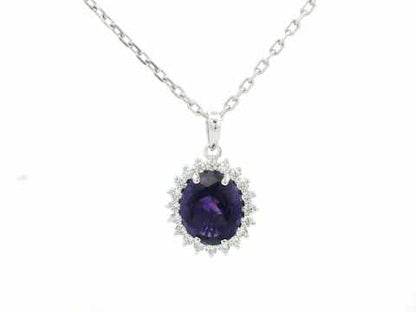 18k White Gold Amethyst Pendant – 1.08ct Oval Gemstone with Diamond Halo