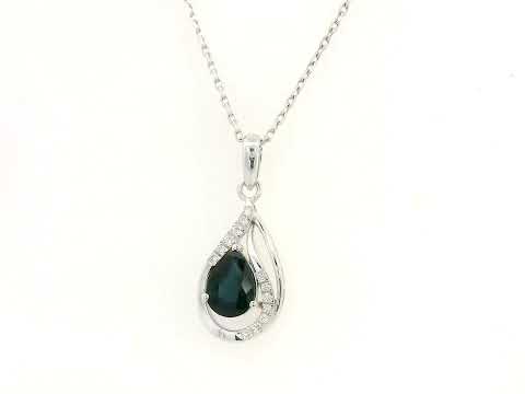 18k white gold pendant with 0.92-carat pear-cut blue sapphire and 0.07-carat diamond accents