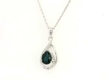 18k white gold pendant with 0.92-carat pear-cut blue sapphire and 0.07-carat diamond accents