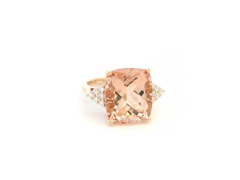 8.55 carat cushion morganite ring with diamond shoulder accents in 18K rose gold by Emirates Diamonds